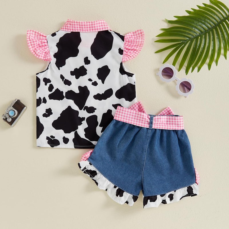 Mialoley Store Toddler Girl Denim Western Outfit Baby Cowgirl Clothes Ruffle Cow Print Shirt Button Down Tops Belted Jeans Shorts - Image 3